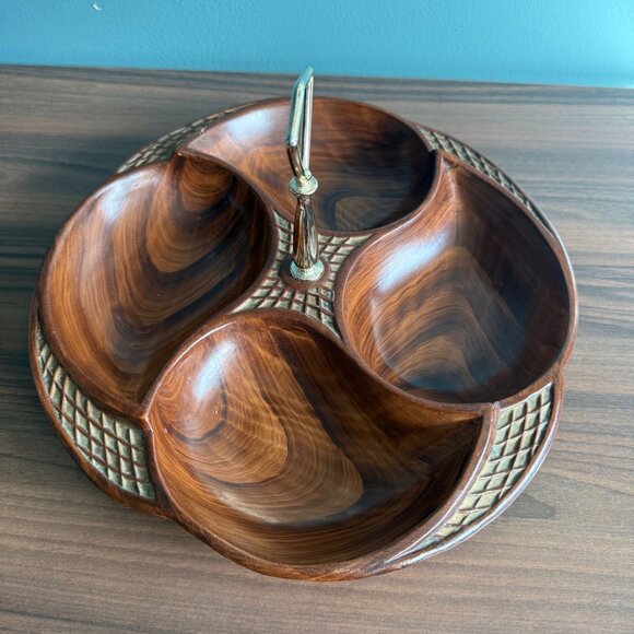 Vintage Divided Serving Tray MCM byCalifornia 328-USA Wooden Look With Handle & - Picture 14 of 14